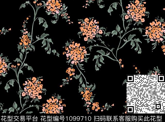 小碎花黑底花卉水彩花卉数码印花华亿平台下载（图片编号: 1099710） - 瓦栏（Walan）