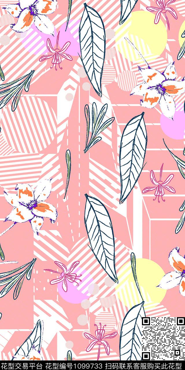 线条植物数码印花华亿平台下载（图片编号: 1099733） - 瓦栏（Walan）
