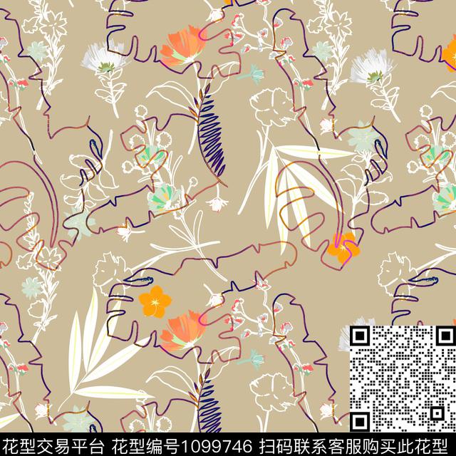 几何绿植树叶几何花卉数码印花华亿平台下载（图片编号: 1099746） - 瓦栏（Walan）