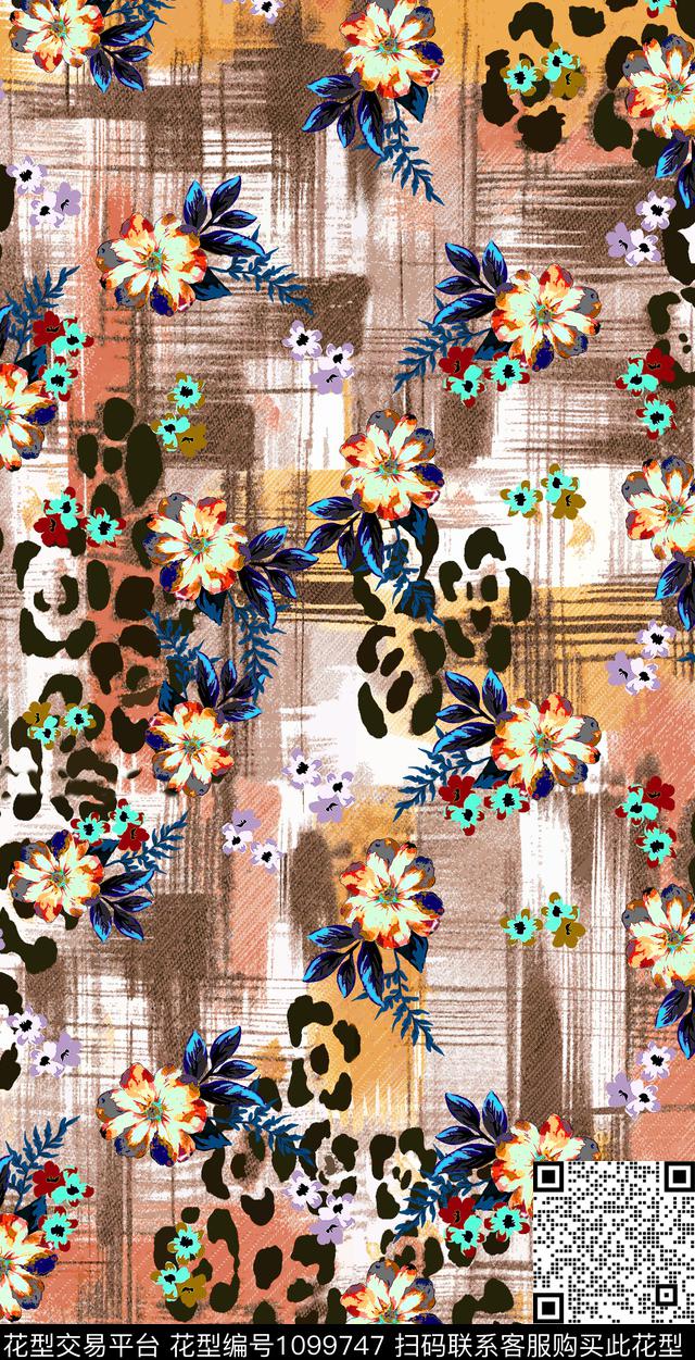 褪色花卉豹纹布纹数码印花华亿平台下载（图片编号: 1099747） - 瓦栏（Walan）