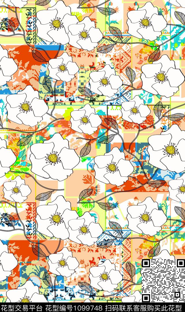 彩底花卉线条花卉几何数码印花华亿平台下载（图片编号: 1099748） - 瓦栏（Walan）