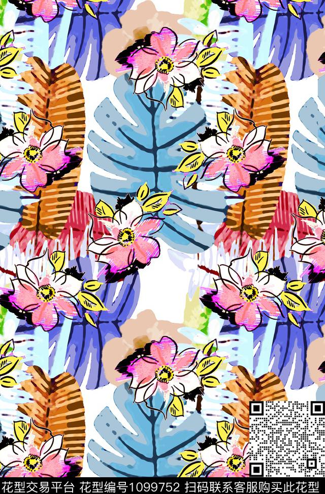 植物手绘花卉热带华亿平台数码印花华亿平台下载（图片编号: 1099752） - 瓦栏（Walan）