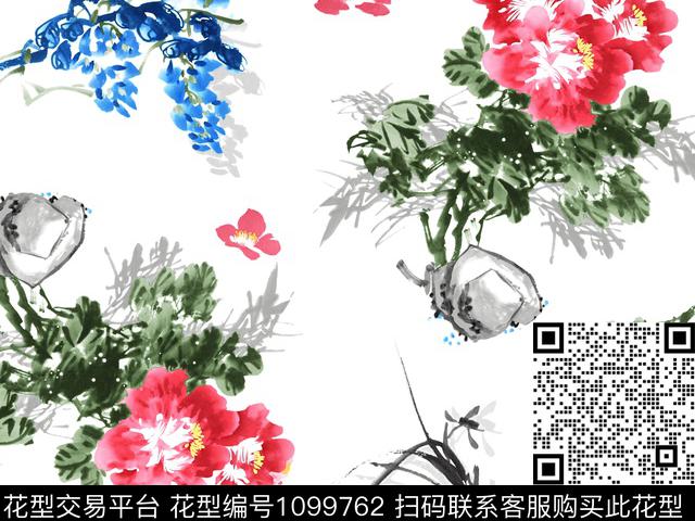 白底花石头花卉传统印花华亿平台下载（图片编号: 1099762） - 瓦栏（Walan）