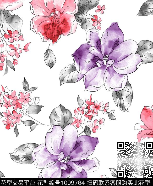 白底花花卉水墨风传统印花华亿平台下载（图片编号: 1099764） - 瓦栏（Walan）