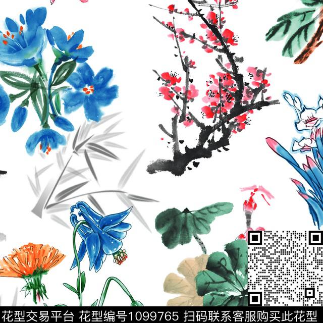 梅花白底花花卉传统印花华亿平台下载（图片编号: 1099765） - 瓦栏（Walan）