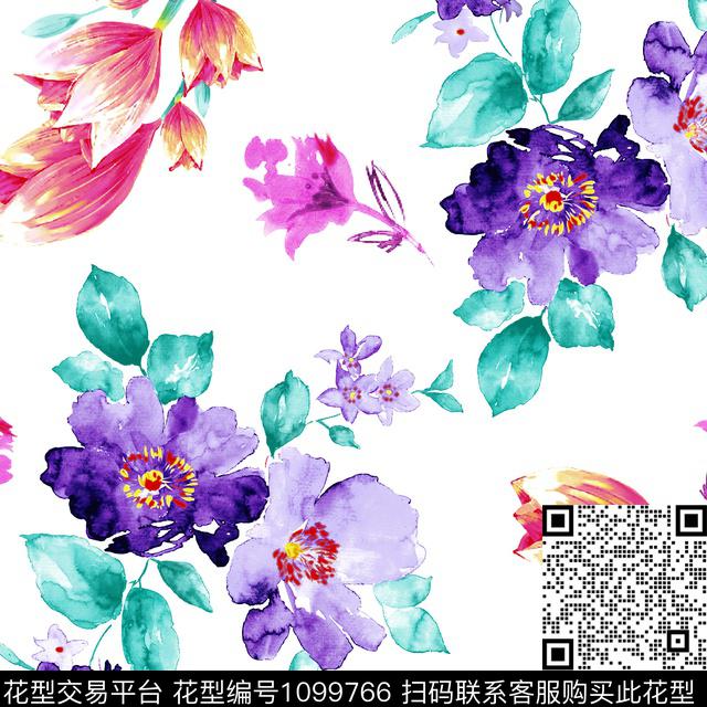 白底花花卉水墨风传统印花华亿平台下载（图片编号: 1099766） - 瓦栏（Walan）