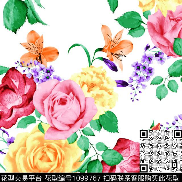 白底花花卉水墨风传统印花华亿平台下载（图片编号: 1099767） - 瓦栏（Walan）