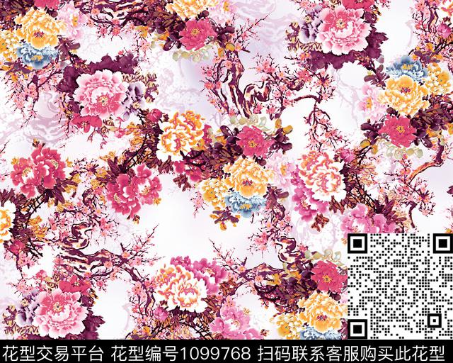 抽象花卉花卉水墨风传统印花华亿平台下载（图片编号: 1099768） - 瓦栏（Walan）