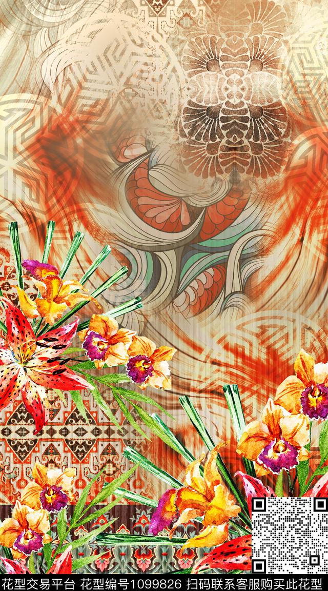 数码华亿平台民族风花卉数码印花华亿平台下载（图片编号: 1099826） - 瓦栏（Walan）