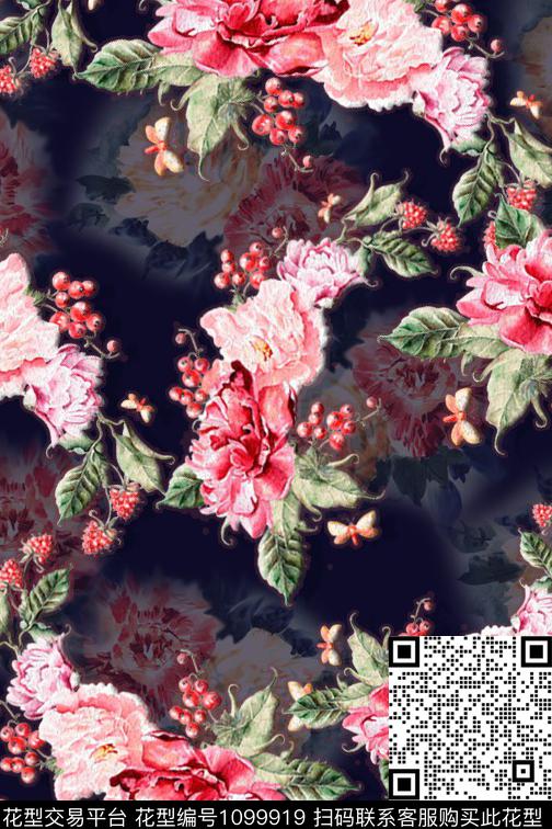 褪色花卉大花黑底花卉数码印花华亿平台下载（图片编号: 1099919） - 瓦栏（Walan）