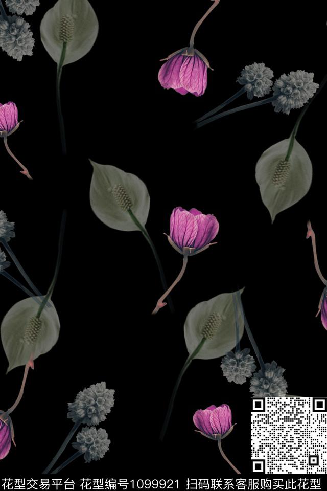 花瓣黑底花卉素雅数码印花华亿平台下载（图片编号: 1099921） - 瓦栏（Walan）
