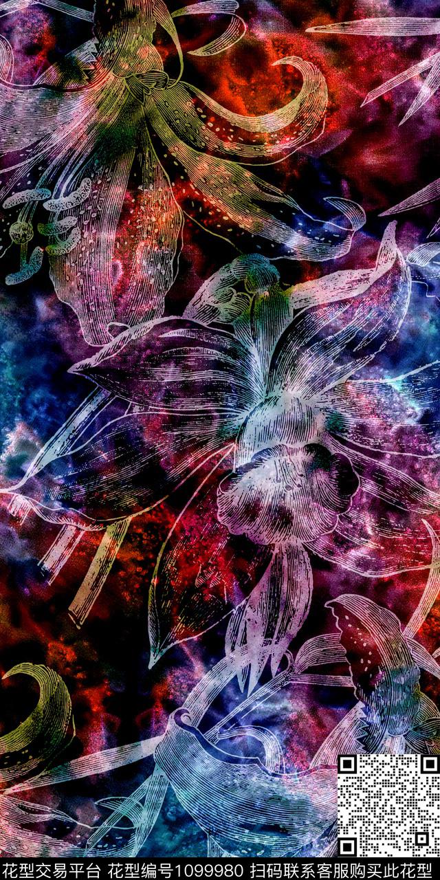 抽象花卉数码花卉炫彩花卉数码印花华亿平台下载（图片编号: 1099980） - 瓦栏（Walan）