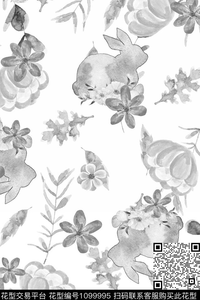 兔子清爽底花卉数码印花华亿平台下载（图片编号: 1099995） - 瓦栏（Walan）