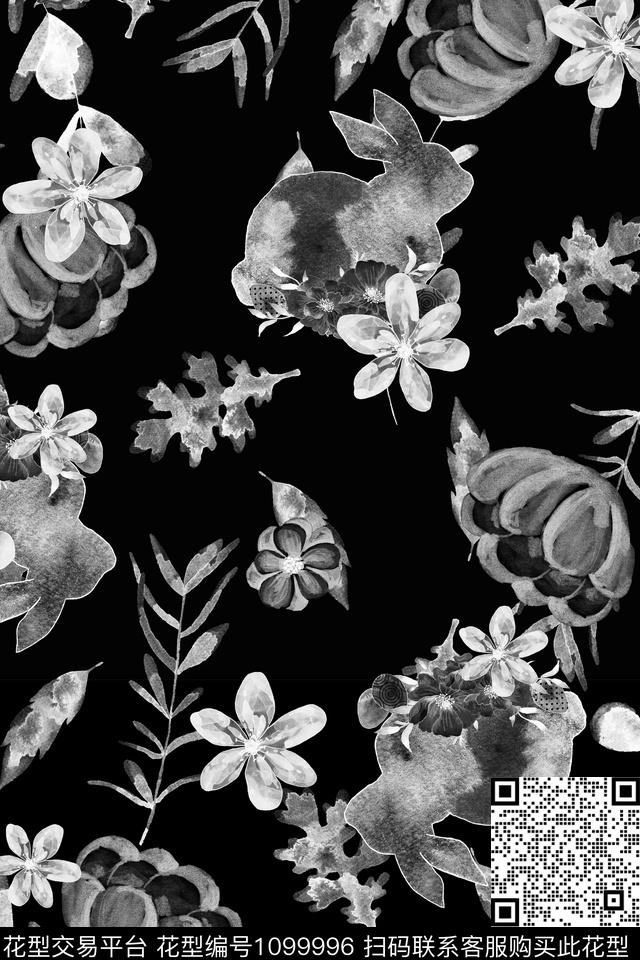 兔子清爽底花卉数码印花华亿平台下载（图片编号: 1099996） - 瓦栏（Walan）