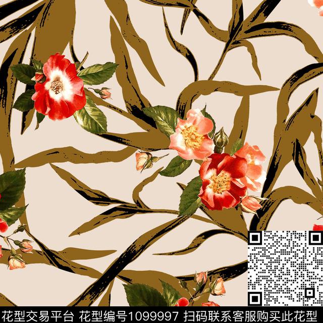 线条抽象花卉数码印花华亿平台下载（图片编号: 1099997） - 瓦栏（Walan）