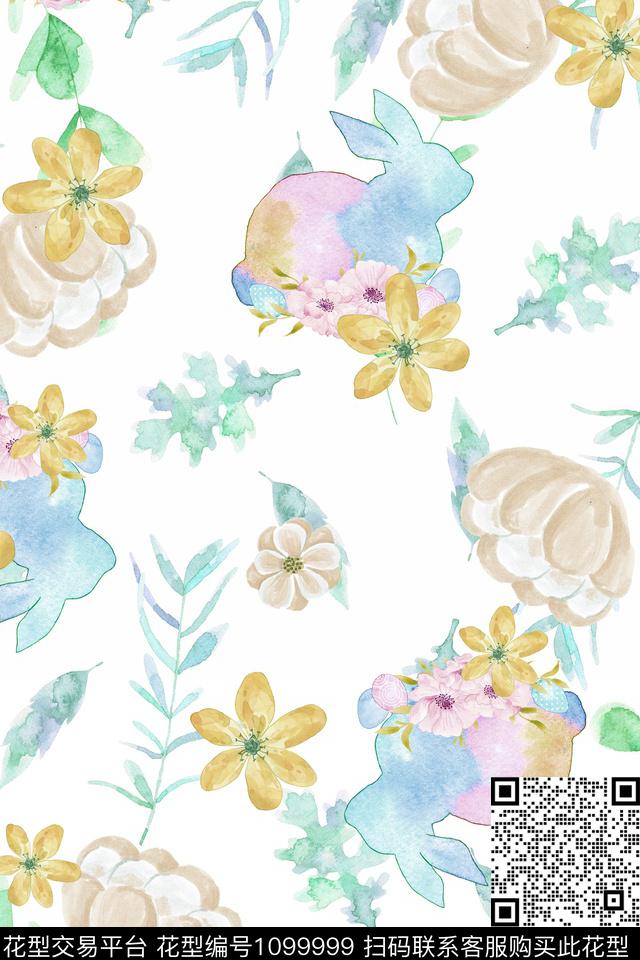 兔子清爽底花卉数码印花华亿平台下载（图片编号: 1099999） - 瓦栏（Walan）