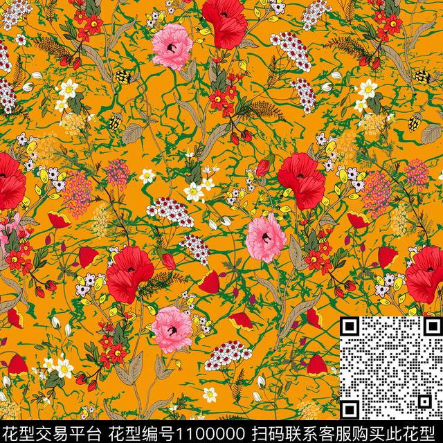 线条抽象花卉数码印花华亿平台下载（图片编号: 1100000） - 瓦栏（Walan）