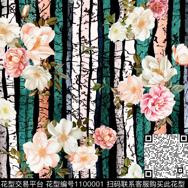 线条花卉几何花卉数码印花华亿平台下载（图片编号: 1100001） - 瓦栏（Walan）