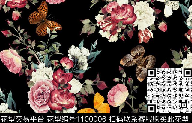 褪色花卉年轻女性黑底花卉数码印花华亿平台下载（图片编号: 1100006） - 瓦栏（Walan）