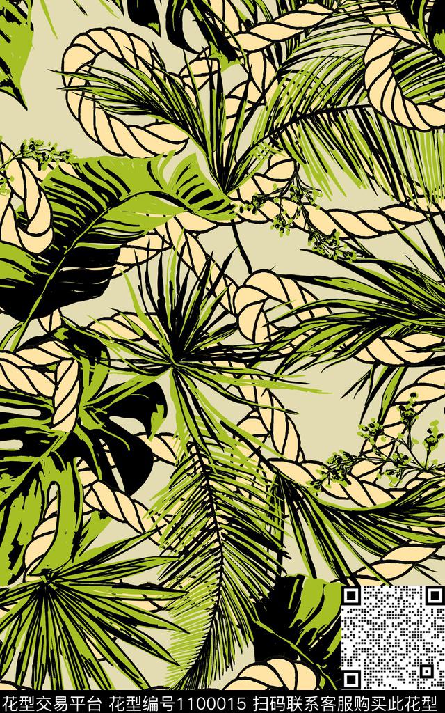 绿植树叶茶绿链条数码印花华亿平台下载（图片编号: 1100015） - 瓦栏（Walan）