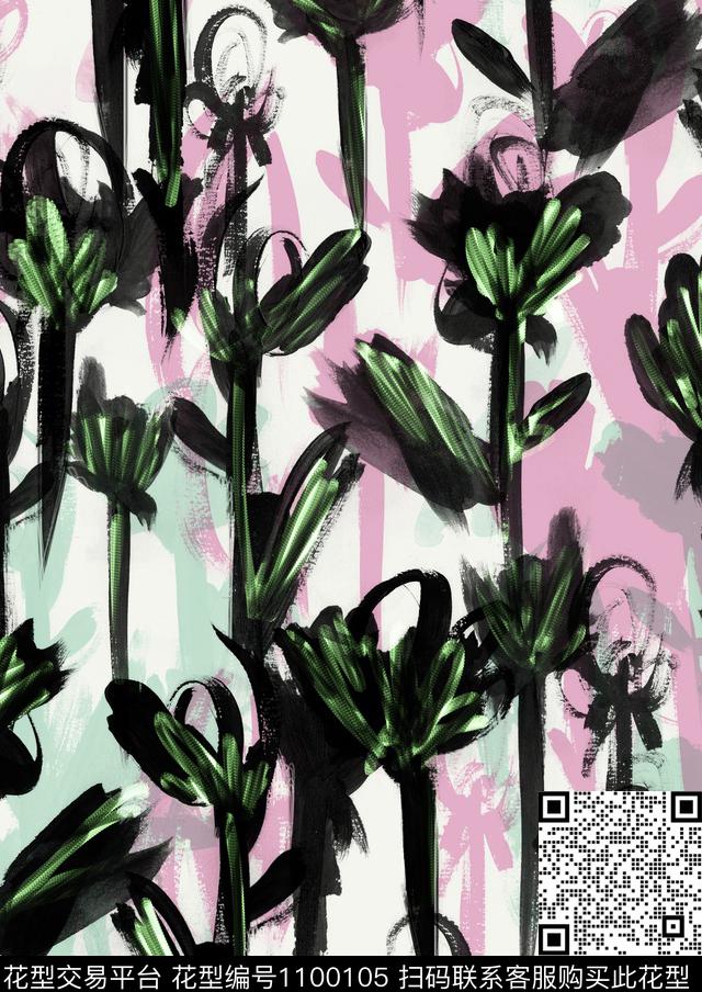 抽象花卉手绘花卉大牌风数码印花华亿平台下载（图片编号: 1100105） - 瓦栏（Walan）