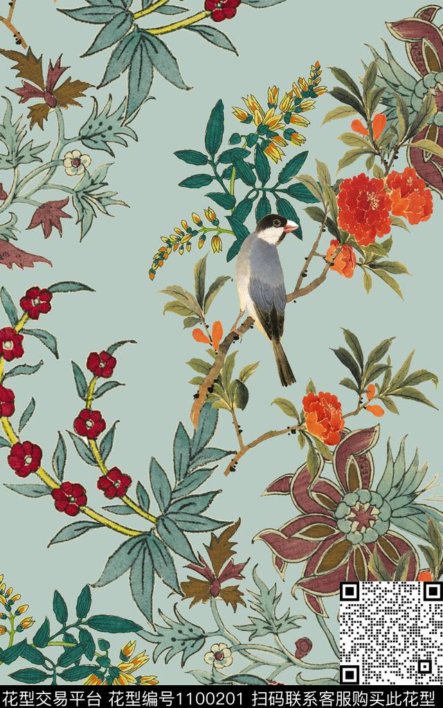 鸟素雅花卉数码印花华亿平台下载（图片编号: 1100201） - 瓦栏（Walan）