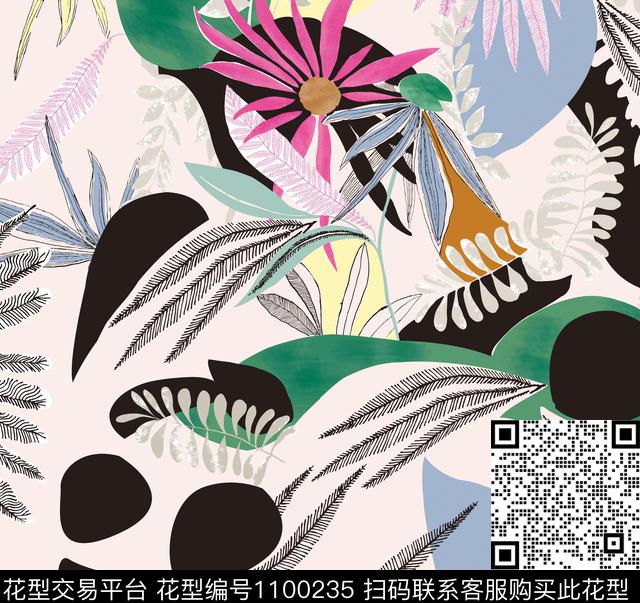 抽象花卉大牌风数码印花华亿平台下载（图片编号: 1100235） - 瓦栏（Walan）