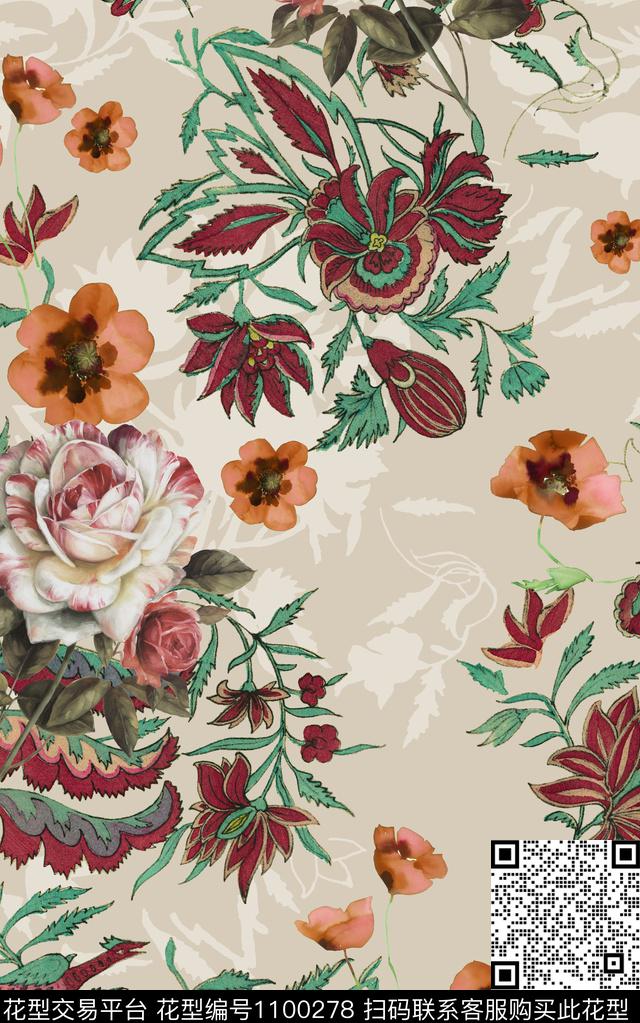 月季花素雅中国风数码印花华亿平台下载（图片编号: 1100278） - 瓦栏（Walan）