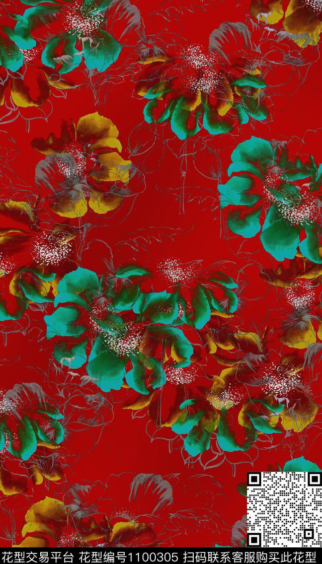 印花中国风鲜花数码印花华亿平台下载（图片编号: 1100305） - 瓦栏（Walan）