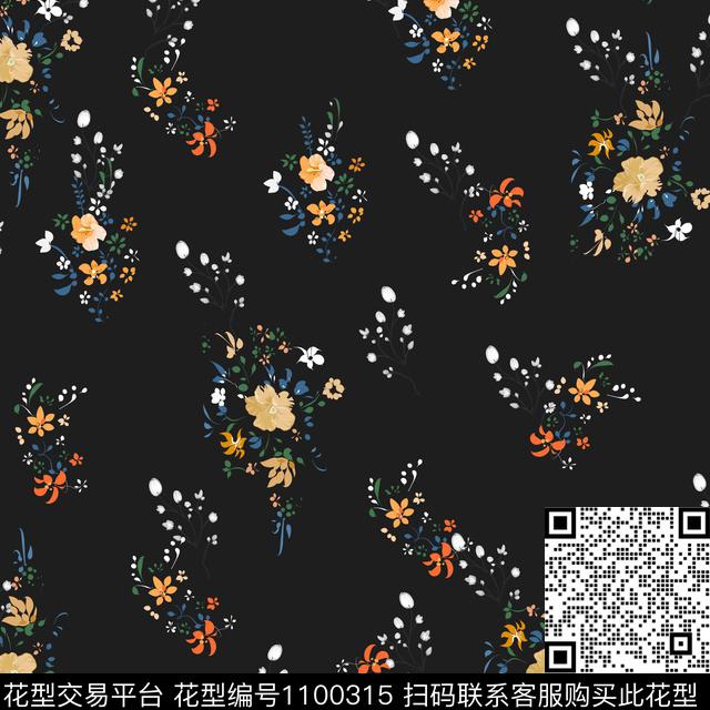小碎花数码华亿平台黑底花卉数码印花华亿平台下载（图片编号: 1100315） - 瓦栏（Walan）