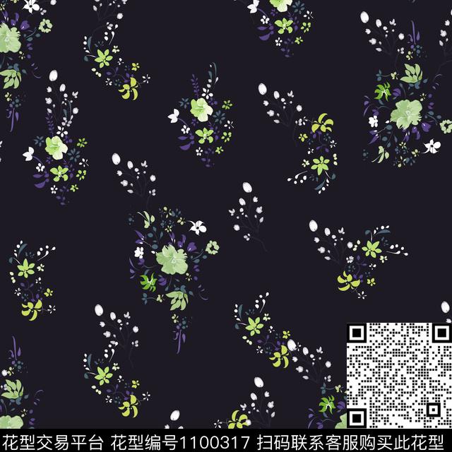 小碎花数码华亿平台黑底花卉数码印花华亿平台下载（图片编号: 1100317） - 瓦栏（Walan）