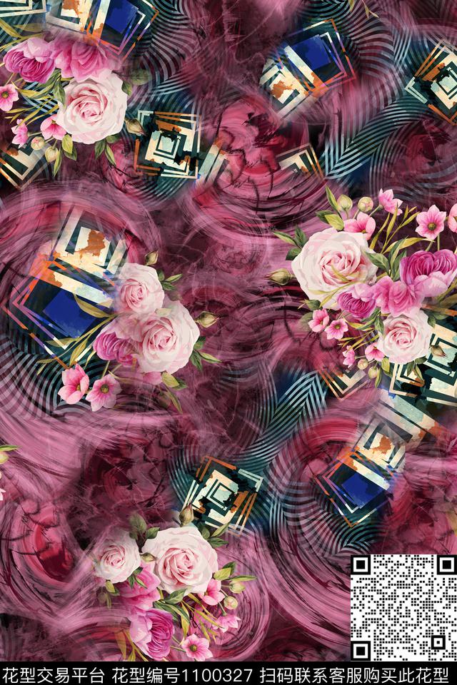 肌理抽象花卉玫瑰花数码印花华亿平台下载（图片编号: 1100327） - 瓦栏（Walan）