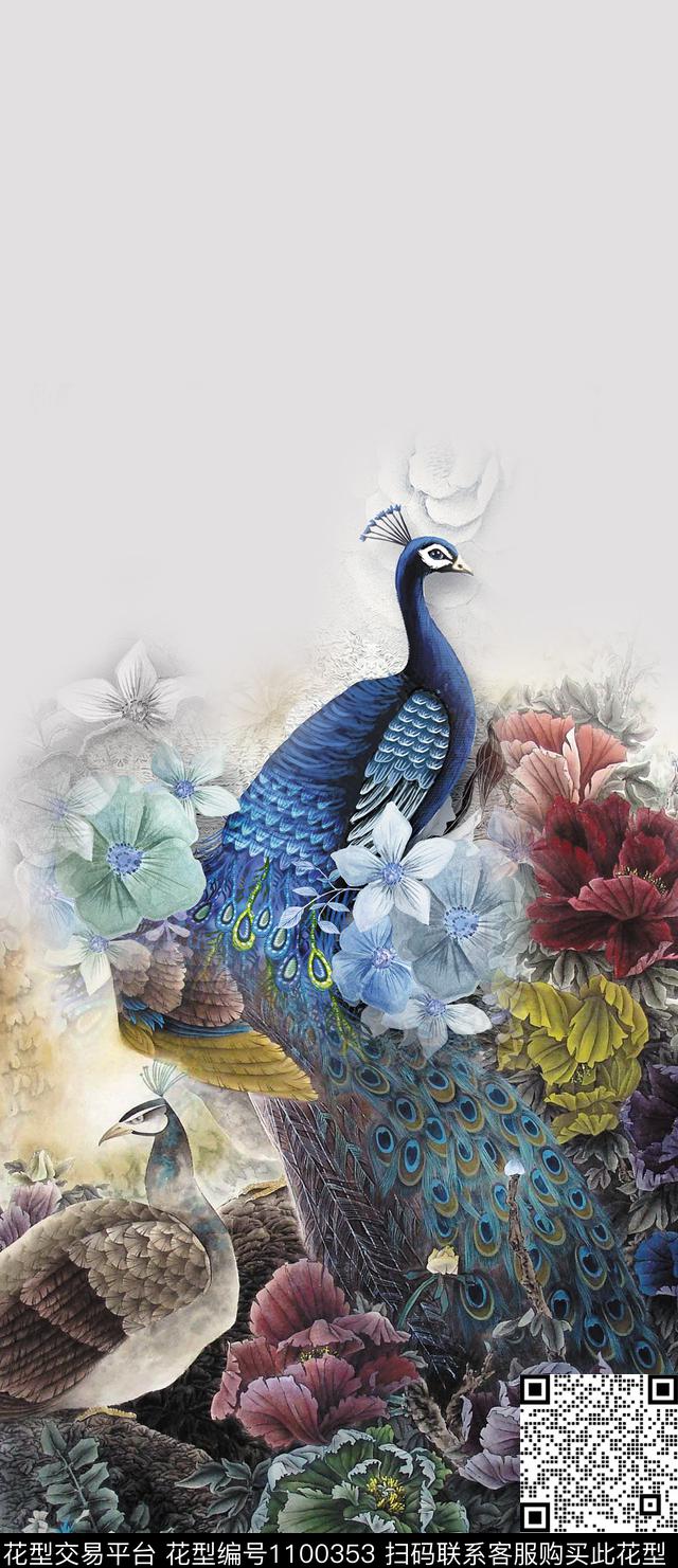 旗袍中国风定位花孔雀数码印花华亿平台下载（图片编号: 1100353） - 瓦栏（Walan）