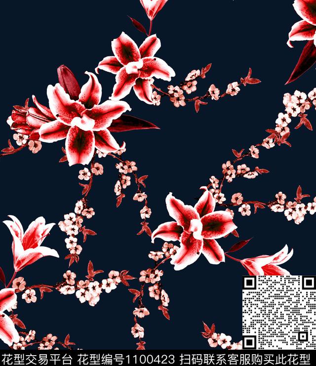 小碎花中国红百合数码印花华亿平台下载（图片编号: 1100423） - 瓦栏（Walan）