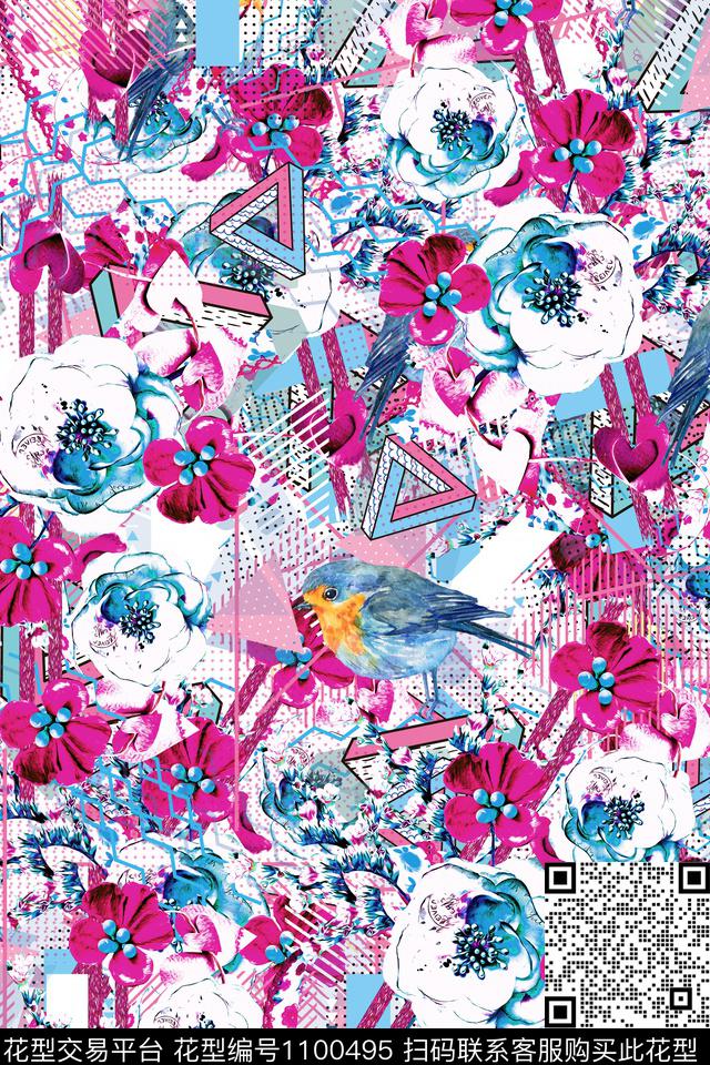 抽象花卉几何传统印花华亿平台下载（图片编号: 1100495） - 瓦栏（Walan）