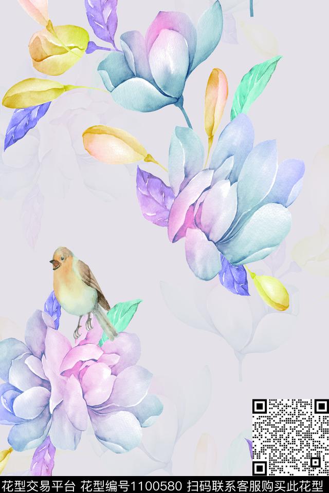 手绘花卉花鸟炫彩数码印花华亿平台下载（图片编号: 1100580） - 瓦栏（Walan）