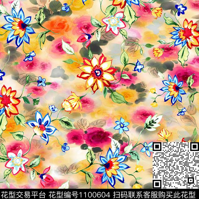 数码华亿平台手绘花卉花卉数码印花华亿平台下载（图片编号: 1100604） - 瓦栏（Walan）