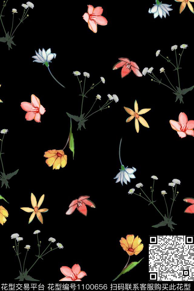 淑女小碎花黑底花卉数码印花华亿平台下载（图片编号: 1100656） - 瓦栏（Walan）