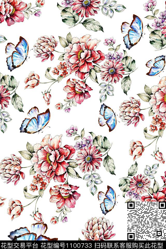手绘花卉女装蝴蝶数码印花华亿平台下载（图片编号: 1100733） - 瓦栏（Walan）
