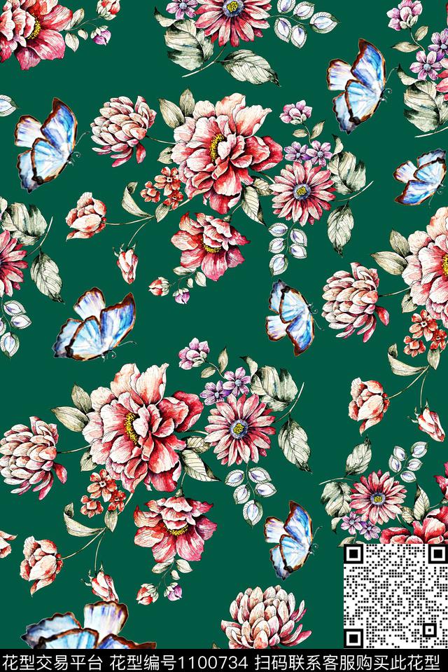 手绘花卉女装蝴蝶数码印花华亿平台下载（图片编号: 1100734） - 瓦栏（Walan）