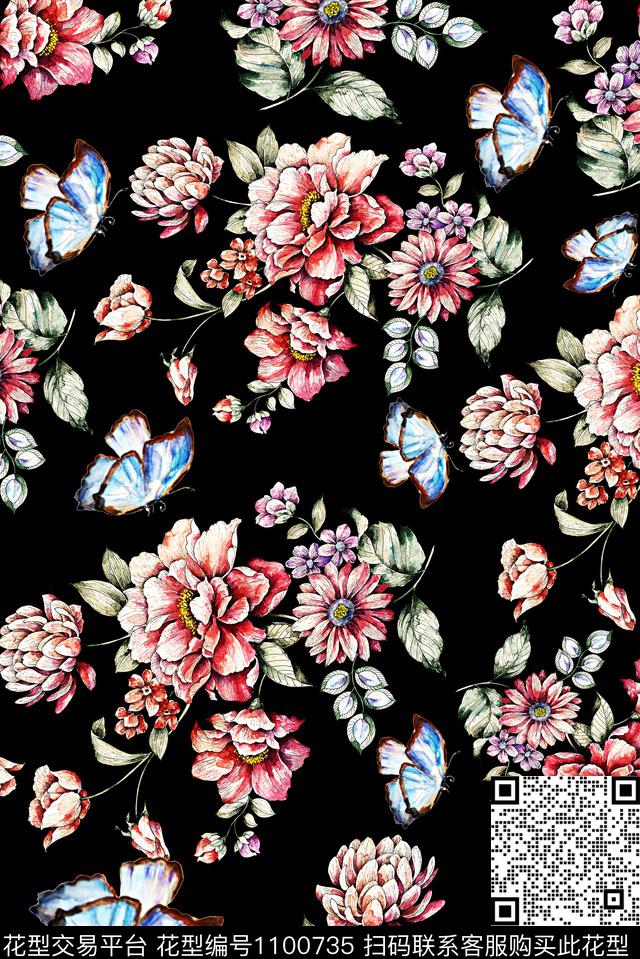 手绘花卉女装蝴蝶数码印花华亿平台下载（图片编号: 1100735） - 瓦栏（Walan）