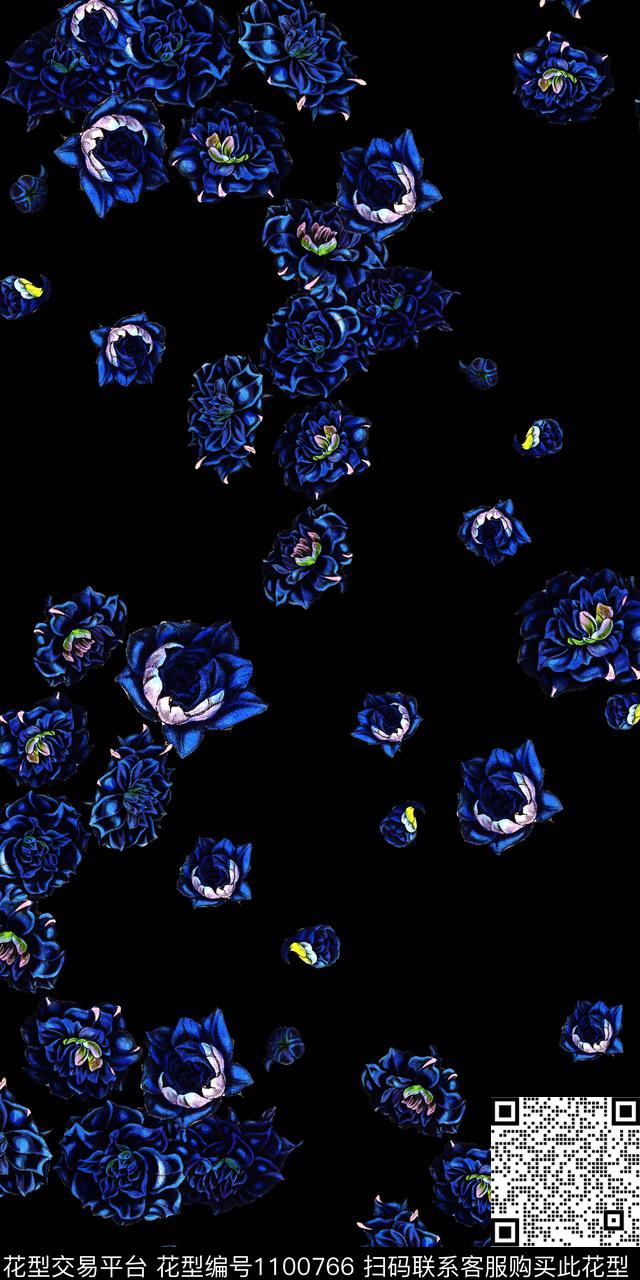 黑底花卉手绘花卉数码花卉数码印花华亿平台下载（图片编号: 1100766） - 瓦栏（Walan）