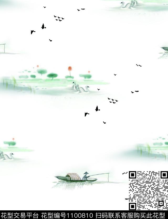 风景景观复古水墨风数码印花华亿平台下载（图片编号: 1100810） - 瓦栏（Walan）