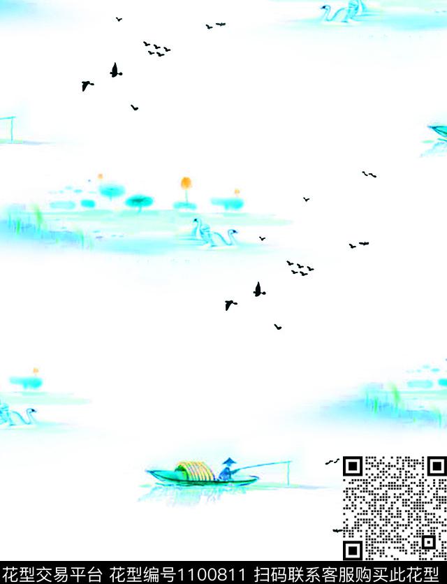 风景景观复古水墨风数码印花华亿平台下载（图片编号: 1100811） - 瓦栏（Walan）