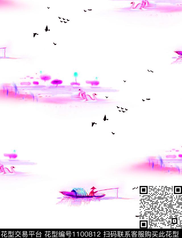 风景景观复古水墨风数码印花华亿平台下载（图片编号: 1100812） - 瓦栏（Walan）