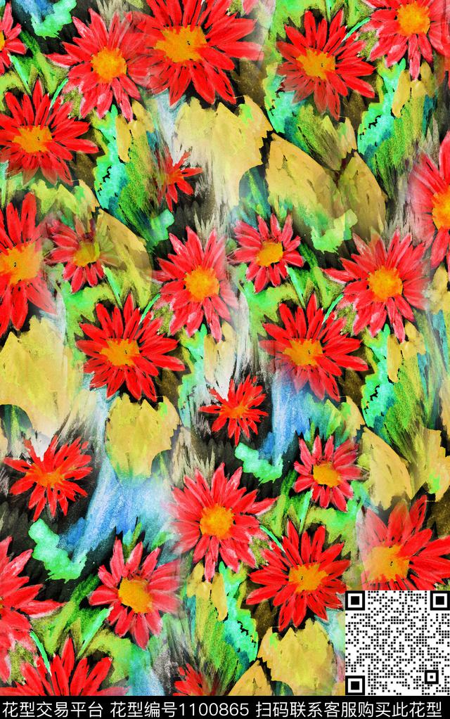 花卉笔触手绘花卉数码印花华亿平台下载（图片编号: 1100865） - 瓦栏（Walan）