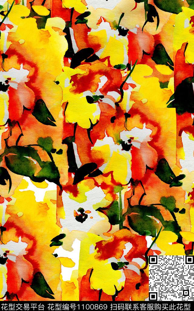 花卉笔触手绘花卉数码印花华亿平台下载（图片编号: 1100869） - 瓦栏（Walan）