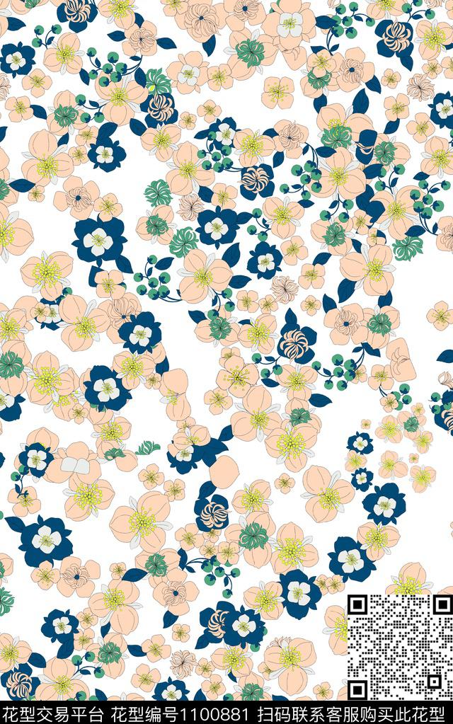 手绘花卉清爽底花卉传统华亿平台数码印花华亿平台下载（图片编号: 1100881） - 瓦栏（Walan）