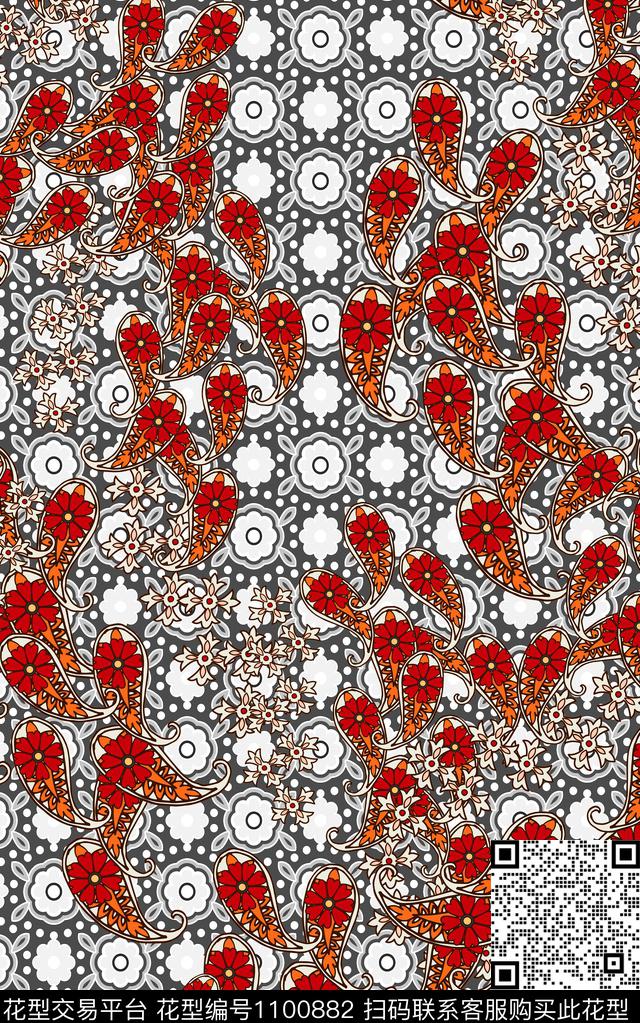 手绘花卉几何清爽底花卉数码印花华亿平台下载（图片编号: 1100882） - 瓦栏（Walan）