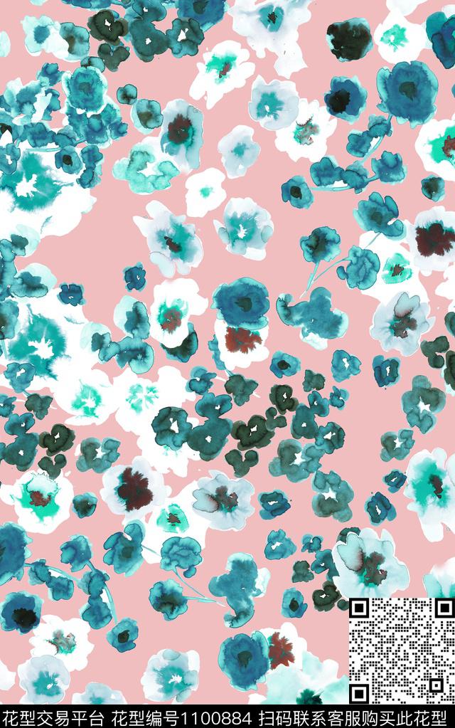 手绘花卉几何清爽底花卉数码印花华亿平台下载（图片编号: 1100884） - 瓦栏（Walan）